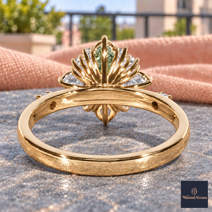 Green Oval Cut Lab Grown Diamond Engagement Ring - Scalloped Halo in yellow gold, gallery view