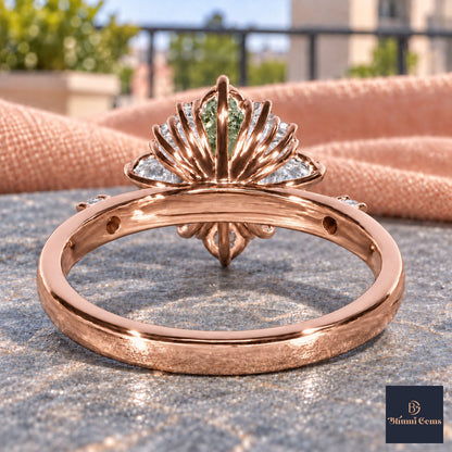 Green Oval Cut Lab Grown Diamond Engagement Ring - Scalloped Halo in rose gold, gallery view