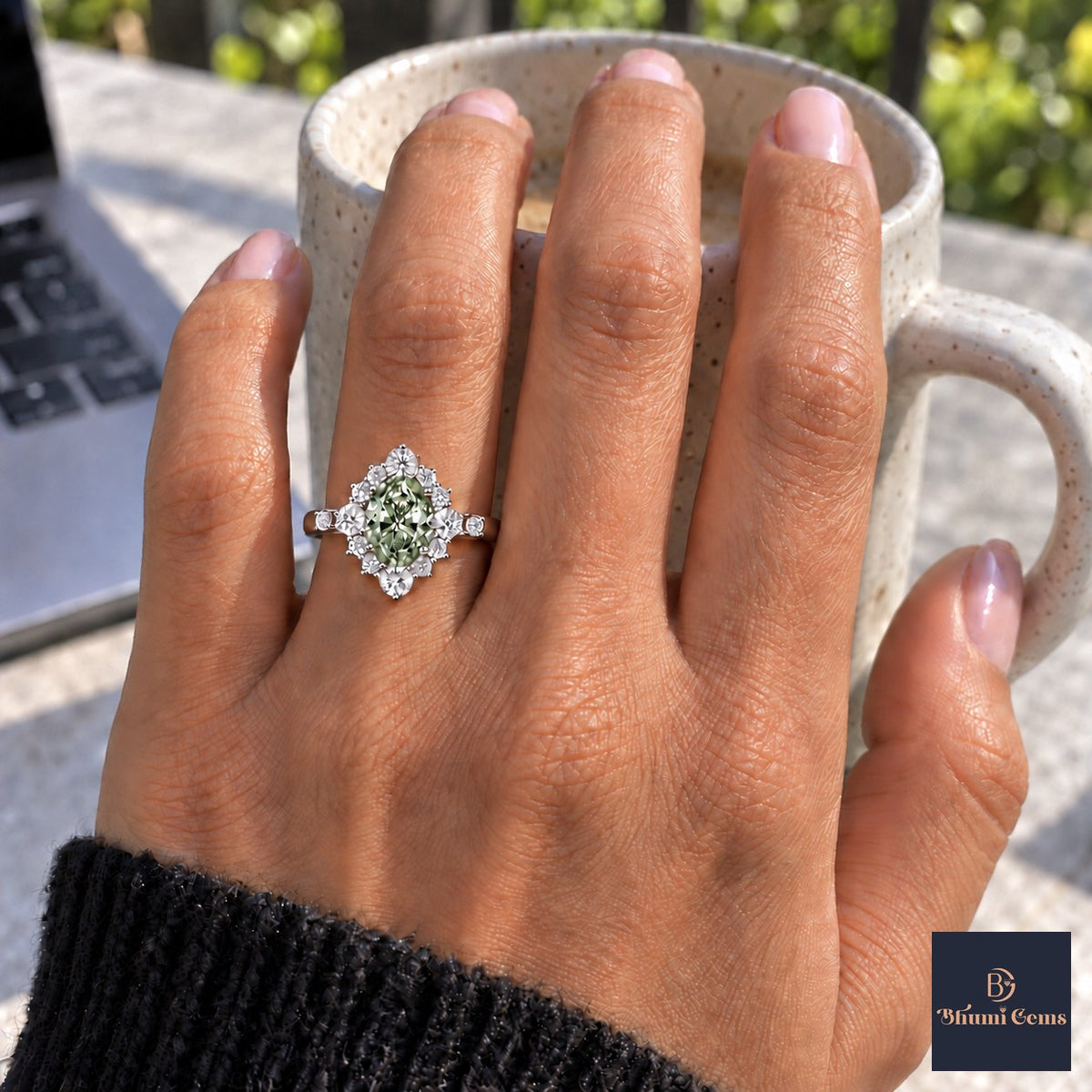 Green Oval Cut Lab Grown Diamond Engagement Ring - Scalloped Halo in white gold, on the hand