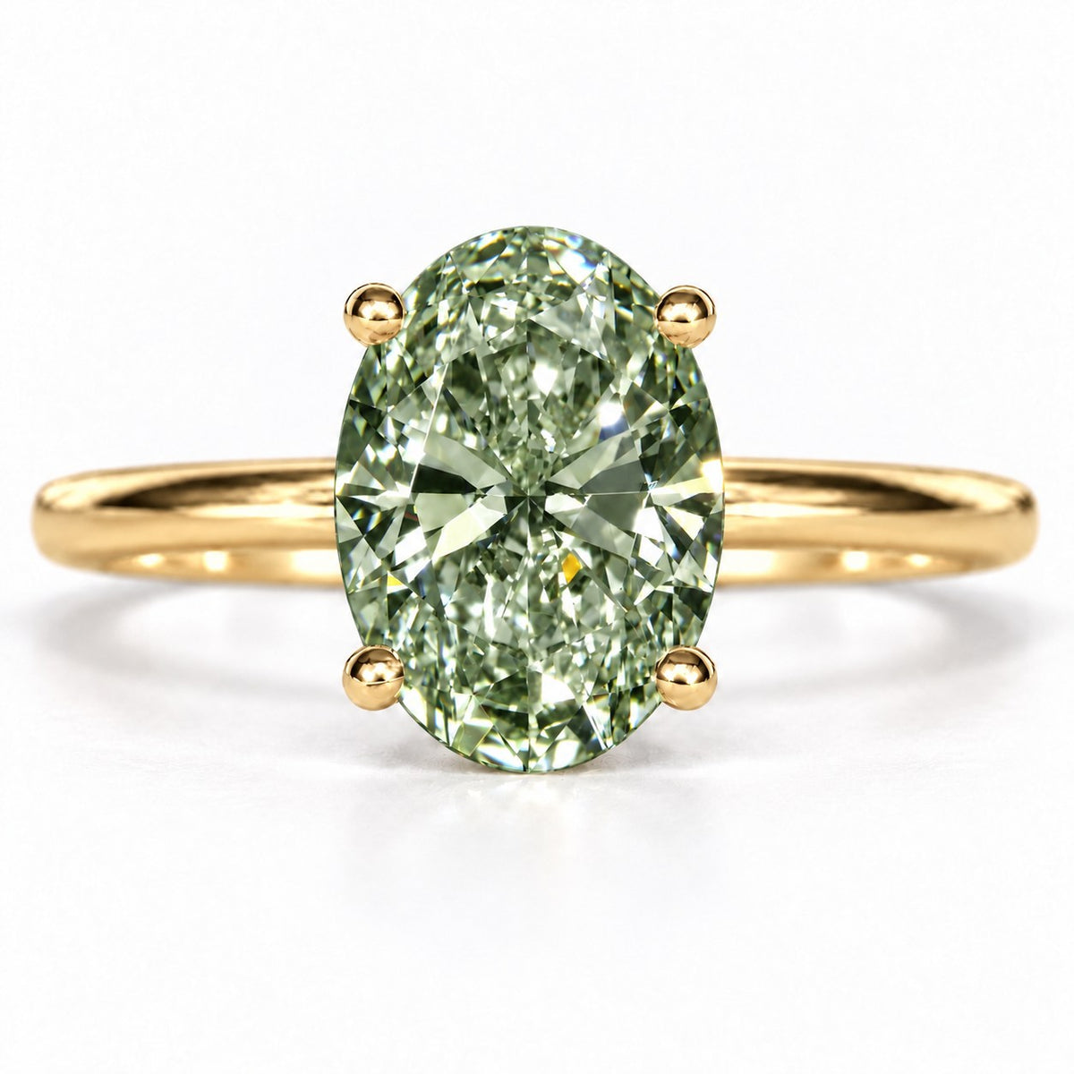 Green Oval Cut Lab Grown Diamond Engagement Ring - Six Prong Solitaire in yellow gold, front view