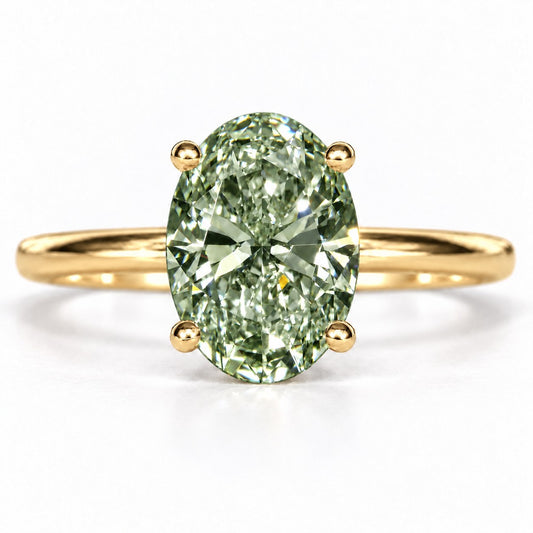 Green Oval Cut Lab Grown Diamond Engagement Ring - Six Prong Solitaire in yellow gold, front view