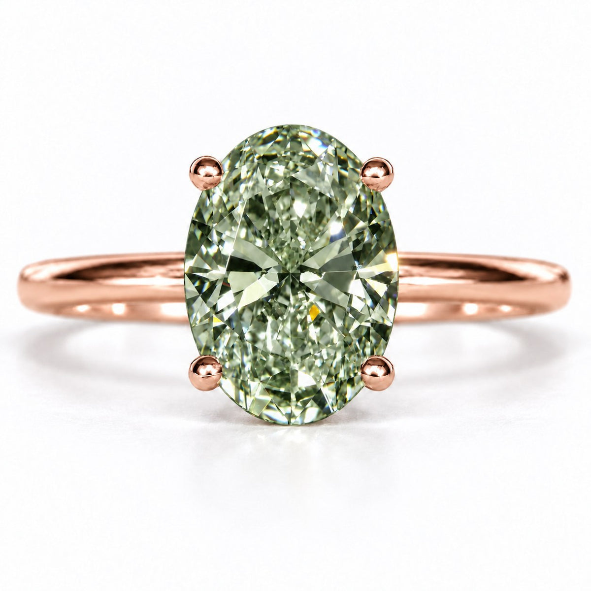 Green Oval Cut Lab Grown Diamond Engagement Ring - Six Prong Solitaire in rose gold, front view