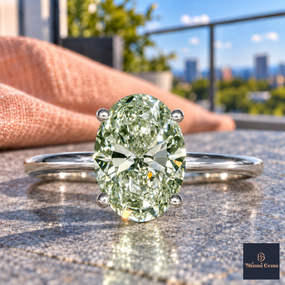 Green Oval Cut Lab Grown Diamond Engagement Ring - Six Prong Solitaire in white gold, close-up