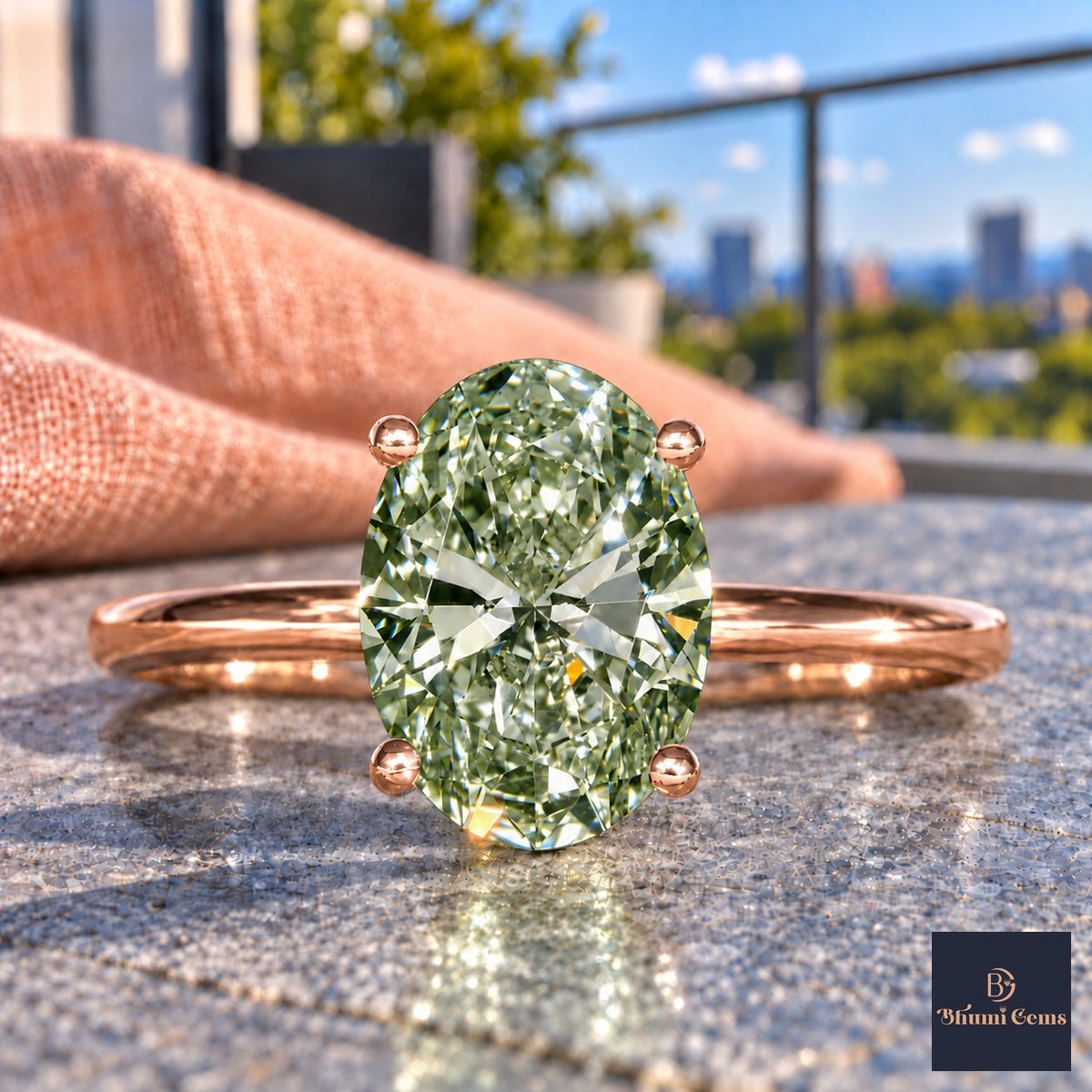 Green Oval Cut Lab Grown Diamond Engagement Ring - Six Prong Solitaire in rose gold, close-up