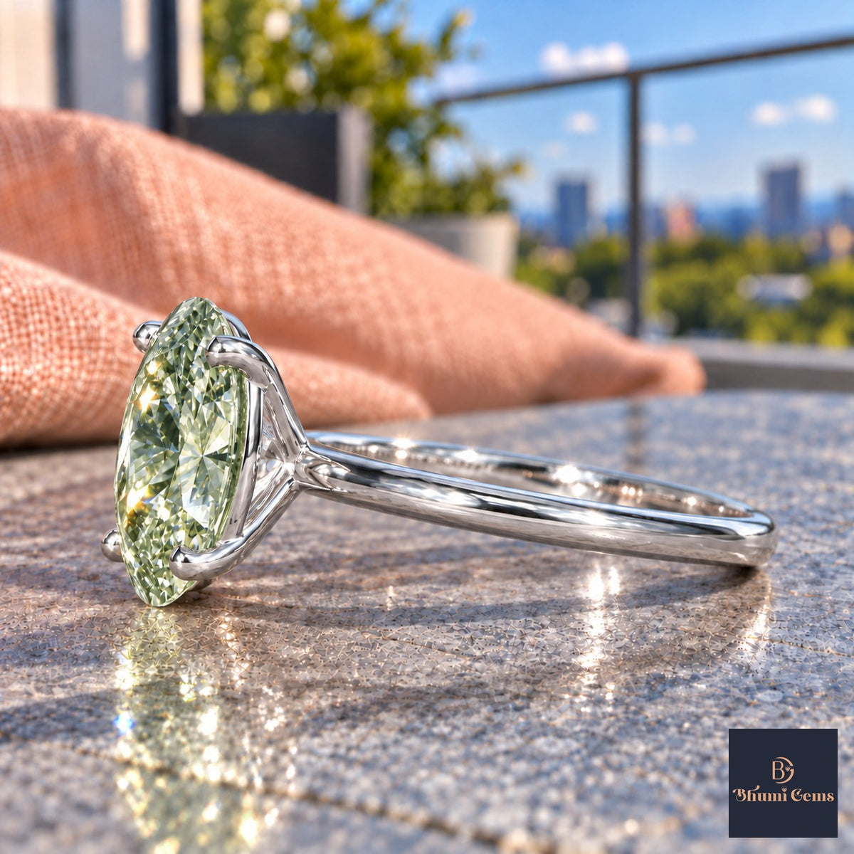 Green Oval Cut Lab Grown Diamond Engagement Ring - Six Prong Solitaire in white gold, side view