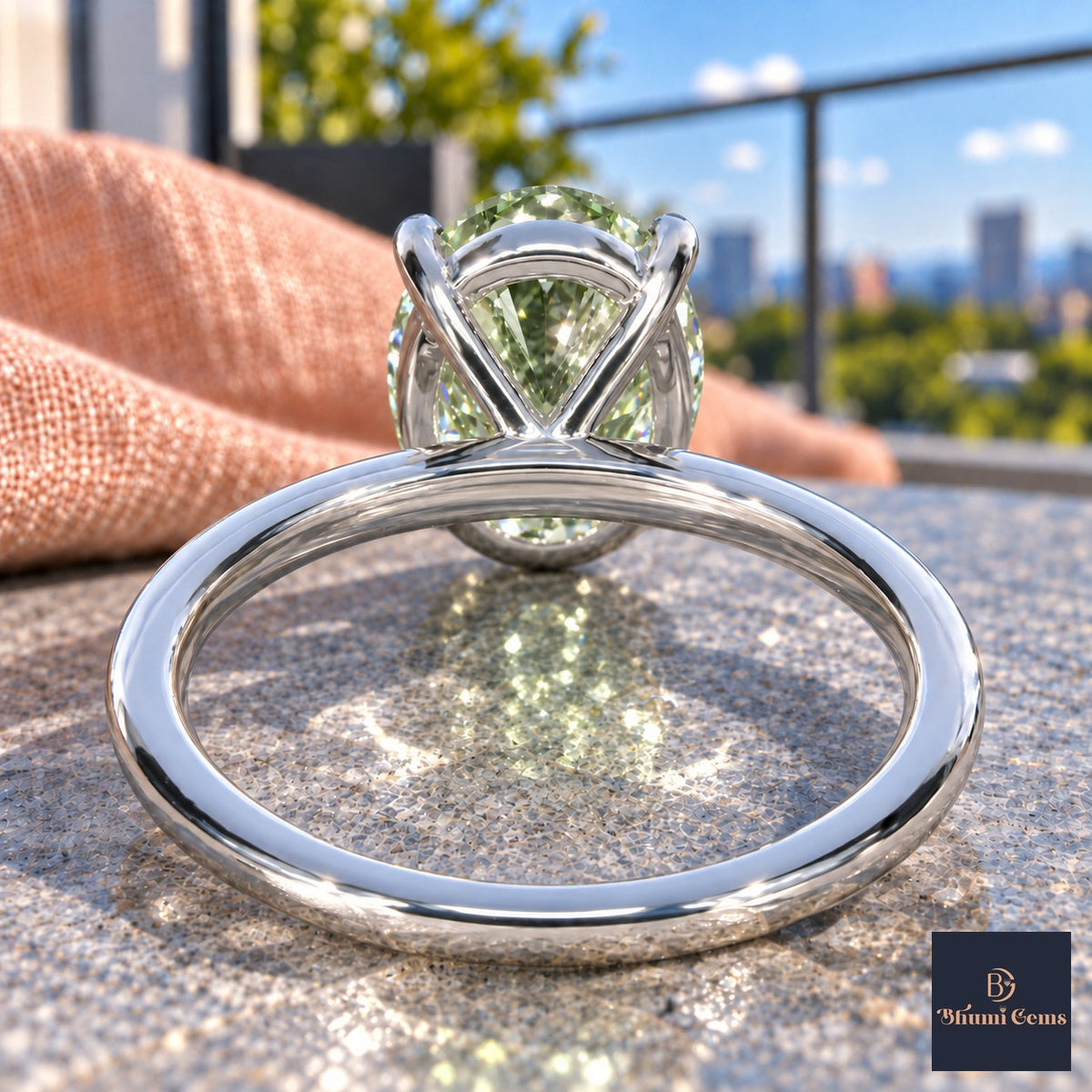 Green Oval Cut Lab Grown Diamond Engagement Ring - Six Prong Solitaire in white gold, gallery view