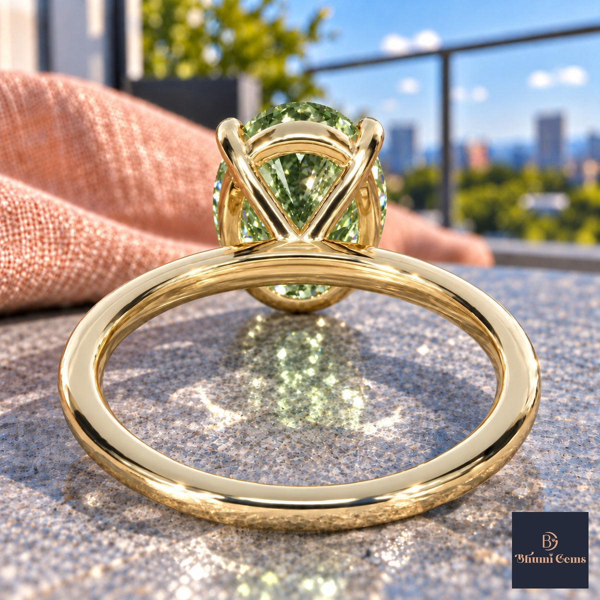 Green Oval Cut Lab Grown Diamond Engagement Ring - Six Prong Solitaire in yellow gold, gallery view