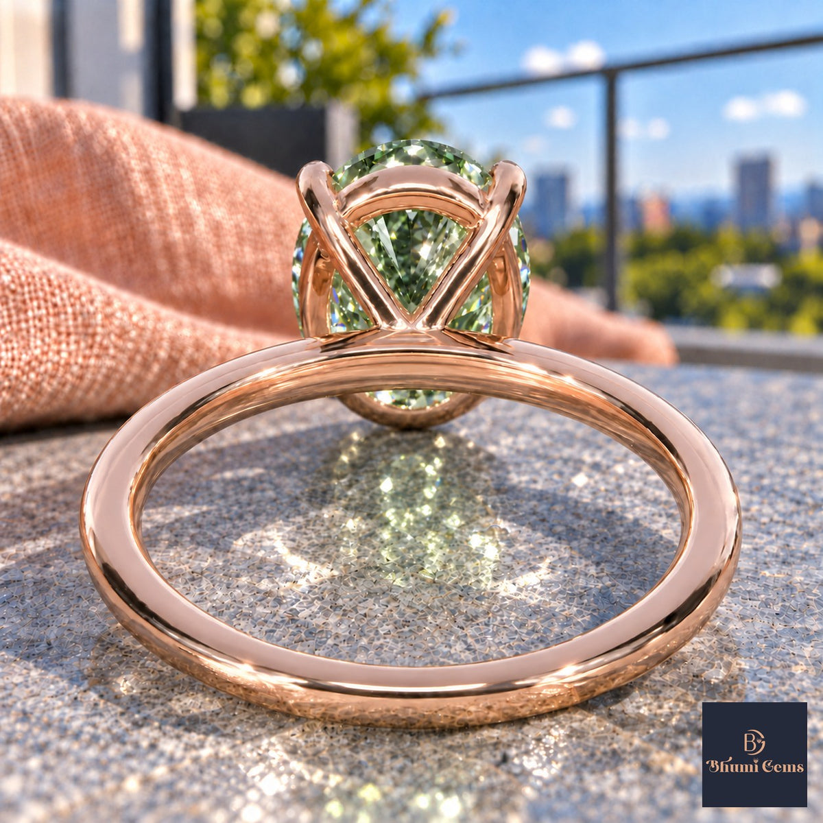 Green Oval Cut Lab Grown Diamond Engagement Ring - Six Prong Solitaire in rose gold, gallery view