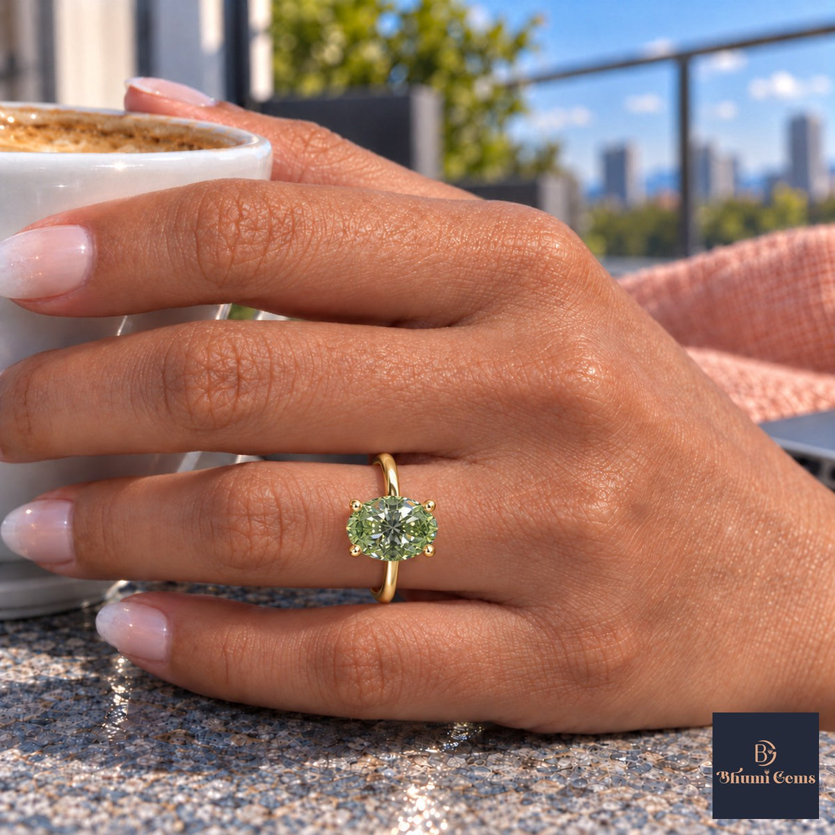Green Oval Cut Lab Grown Diamond Engagement Ring - Six Prong Solitaire in yellow gold, on the hand