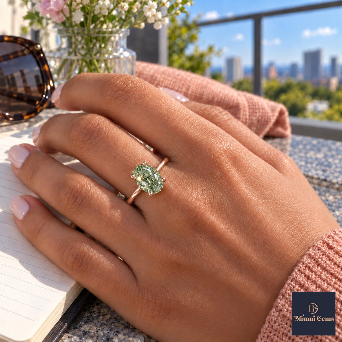 Green Oval Cut Lab Grown Diamond Engagement Ring - Six Prong Solitaire in rose gold, worn on the hand
