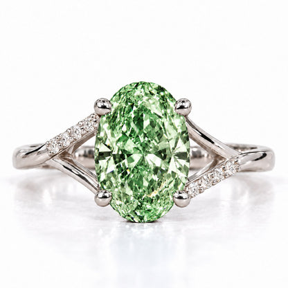 Green Oval Cut Lab Grown Diamond Engagement Ring - Split Pave Shoulders in white gold, front view