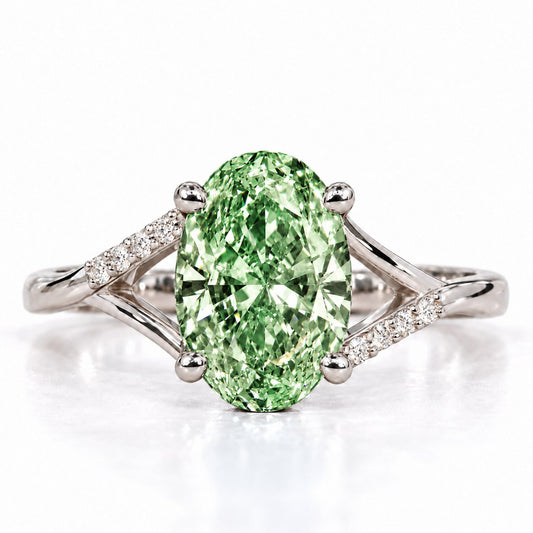 Green Oval Cut Lab Grown Diamond Engagement Ring - Split Pave Shoulders in white gold, front view