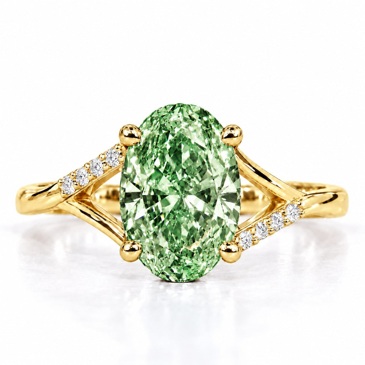 Green Oval Cut Lab Grown Diamond Engagement Ring - Split Pave Shoulders in yellow gold, front view