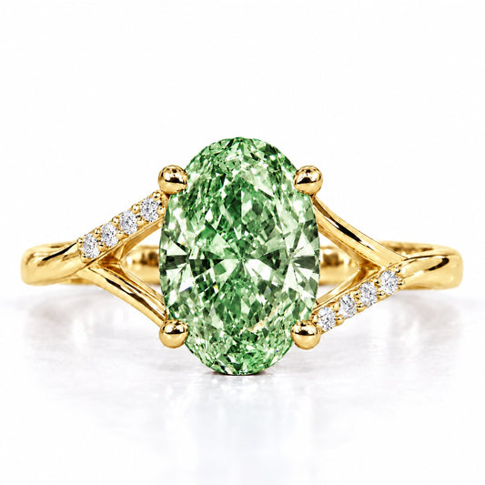 Green Oval Cut Lab Grown Diamond Engagement Ring - Split Pave Shoulders in yellow gold, front view