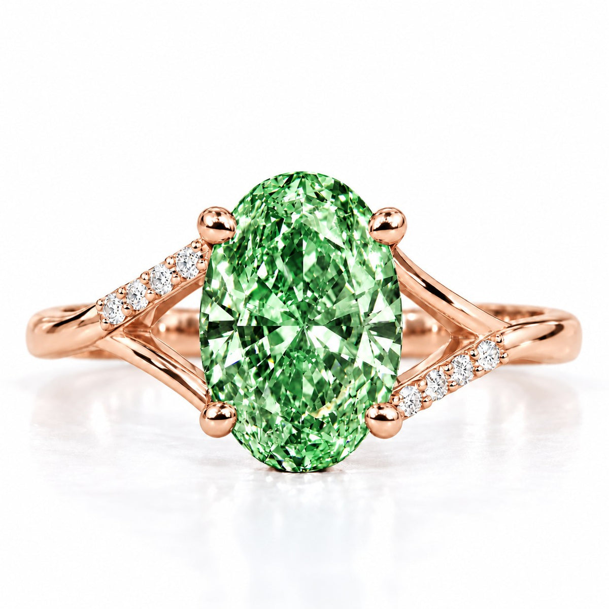 Green Oval Cut Lab Grown Diamond Engagement Ring - Split Pave Shoulders in rose gold, front view