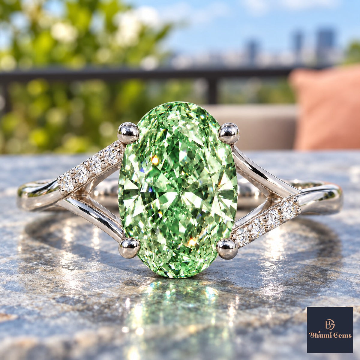 Green Oval Cut Lab Grown Diamond Engagement Ring - Split Pave Shoulders in white gold, close-up