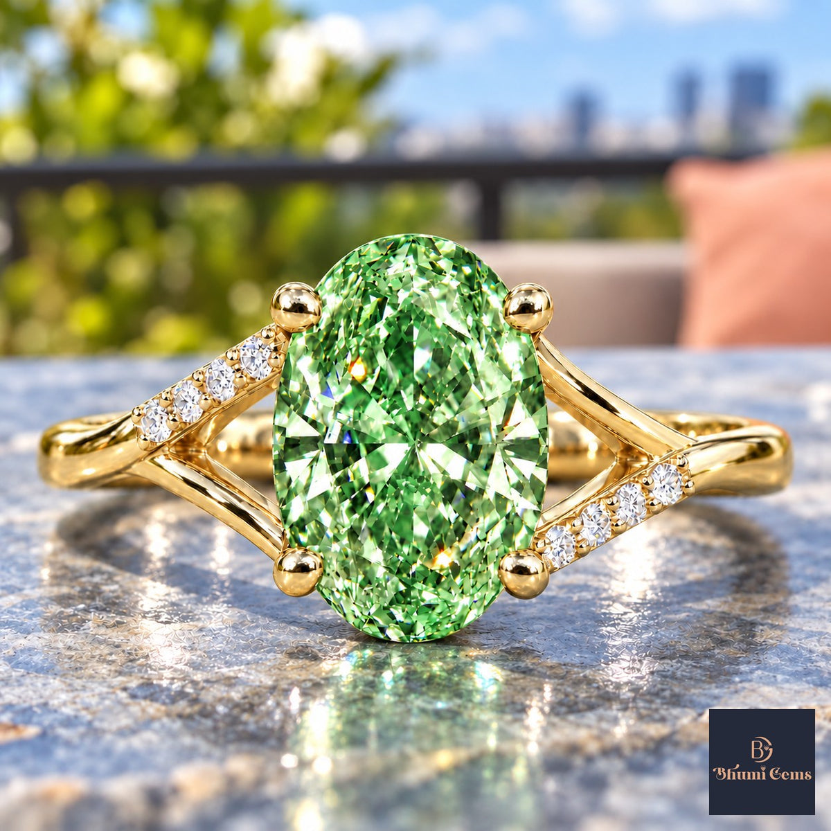 Green Oval Cut Lab Grown Diamond Engagement Ring - Split Pave Shoulders in yellow gold, close-up
