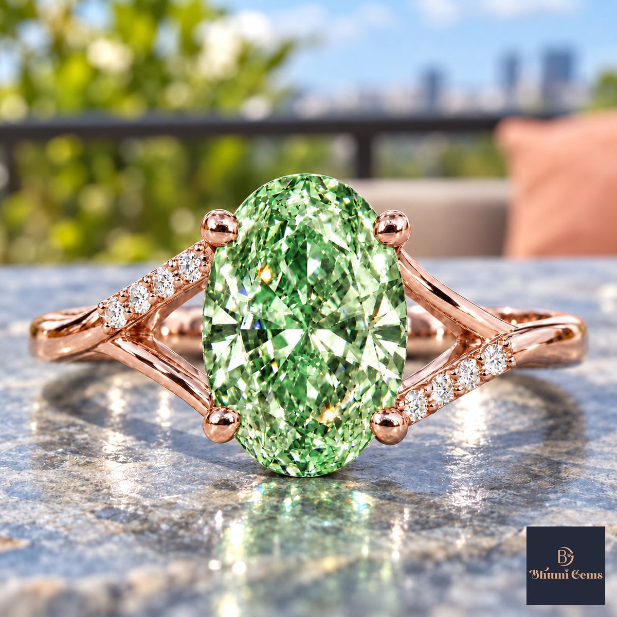 Green Oval Cut Lab Grown Diamond Engagement Ring - Split Pave Shoulders in rose gold, close-up
