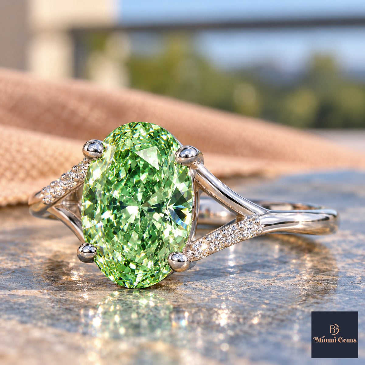 Green Oval Cut Lab Grown Diamond Engagement Ring - Split Pave Shoulders in white gold, side view