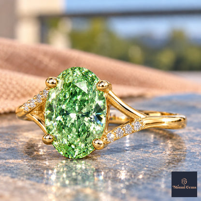 Green Oval Cut Lab Grown Diamond Engagement Ring - Split Pave Shoulders in yellow gold, side view