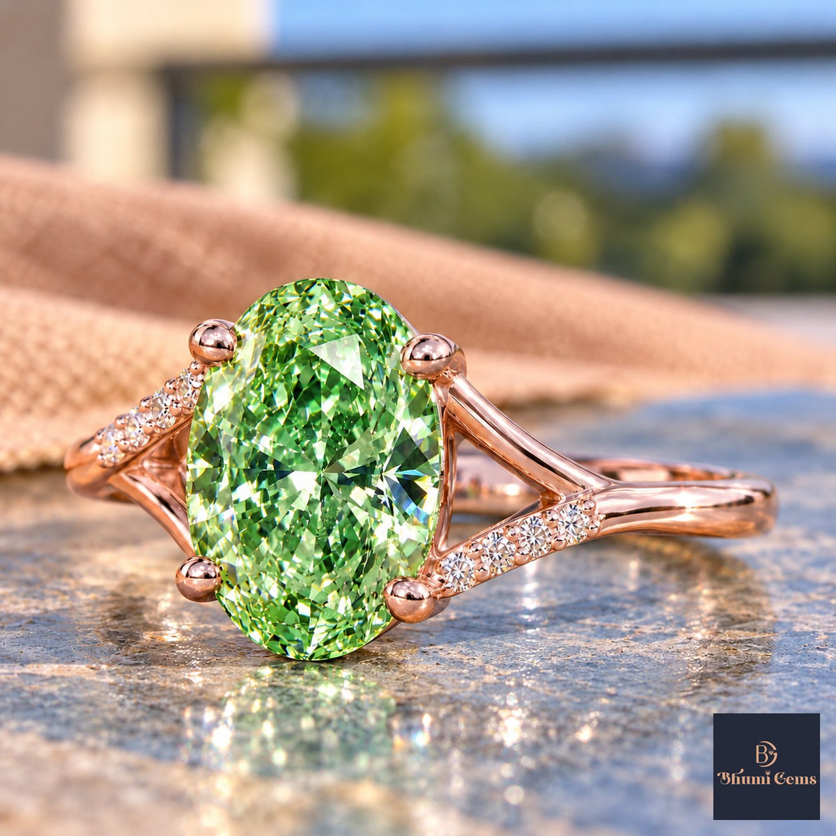Green Oval Cut Lab Grown Diamond Engagement Ring - Split Pave Shoulders in rose gold, side view
