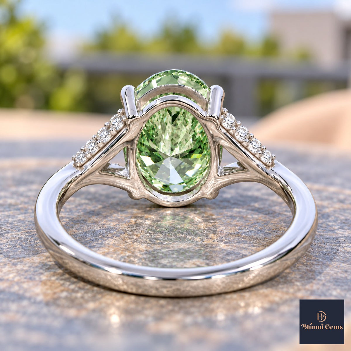 Green Oval Cut Lab Grown Diamond Engagement Ring - Split Pave Shoulders in white gold, gallery view