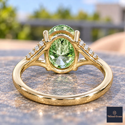 Green Oval Cut Lab Grown Diamond Engagement Ring - Split Pave Shoulders in yellow gold, gallery view