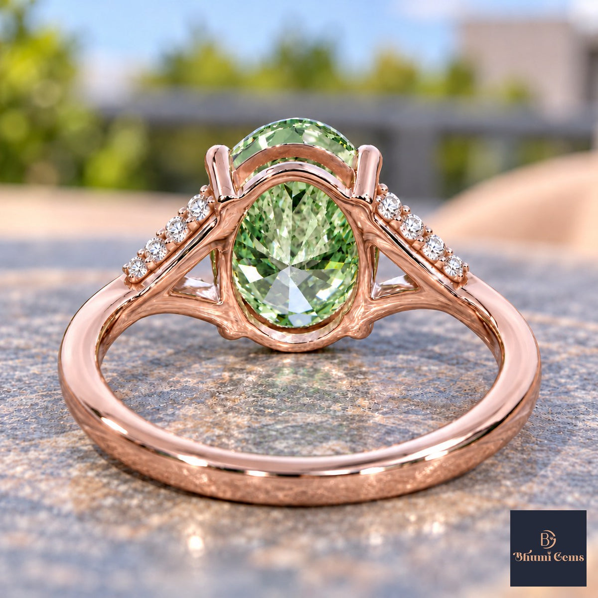Green Oval Cut Lab Grown Diamond Engagement Ring - Split Pave Shoulders in rose gold, gallery view