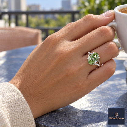 Green Oval Cut Lab Grown Diamond Engagement Ring - Split Pave Shoulders in white gold, on the hand