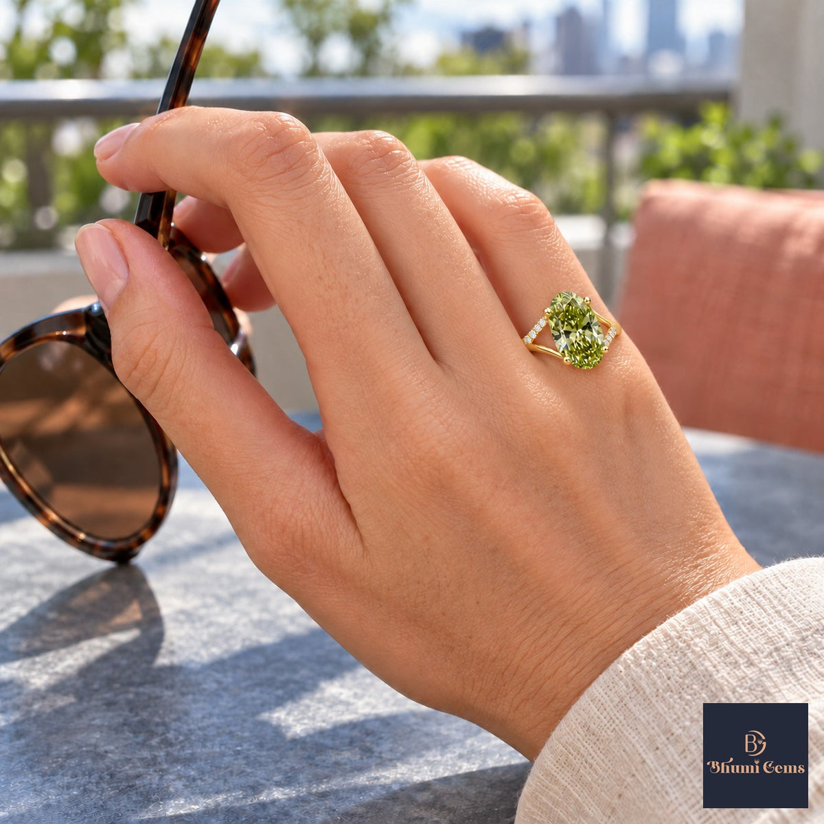 Green Oval Cut Lab Grown Diamond Engagement Ring - Split Pave Shoulders in yellow gold, on the hand