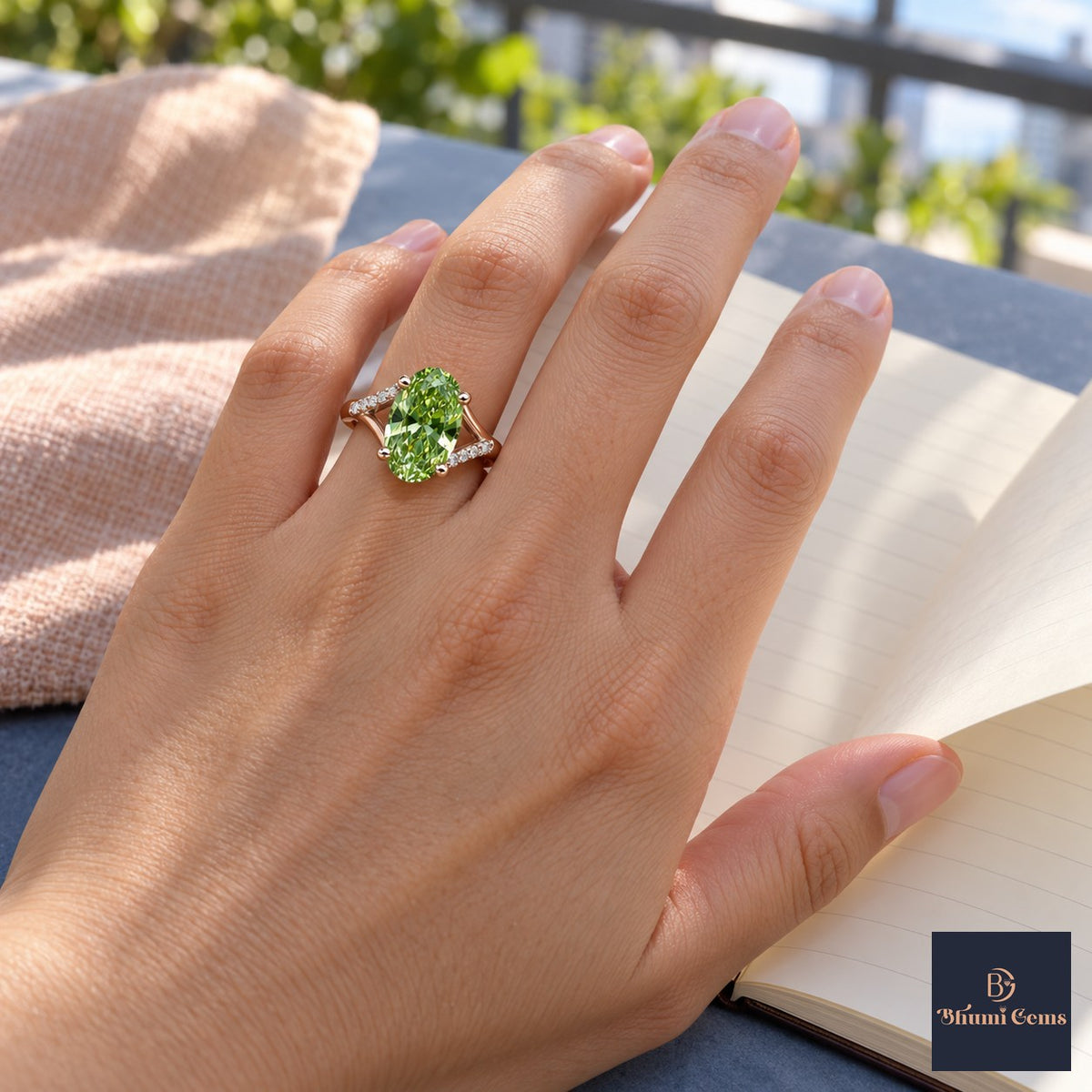 Green Oval Cut Lab Grown Diamond Engagement Ring - Split Pave Shoulders in rose gold, on the hand
