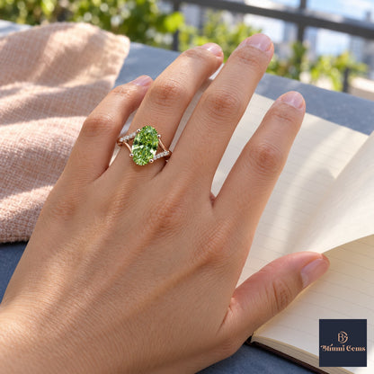 Green Oval Cut Lab Grown Diamond Engagement Ring - Split Pave Shoulders in rose gold, on the hand