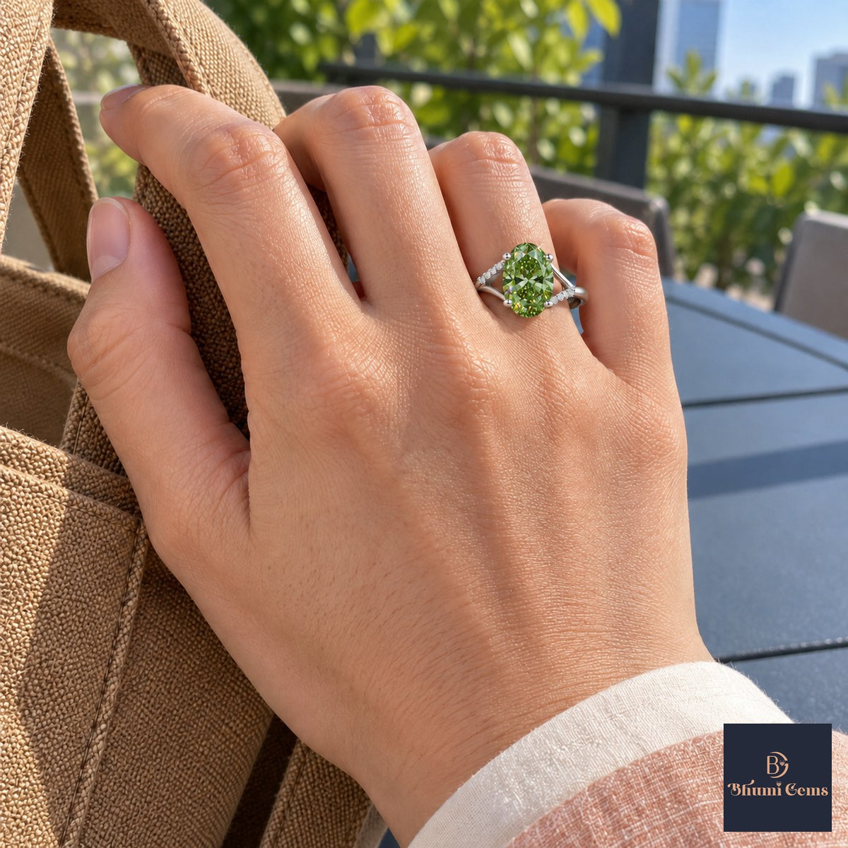 Green Oval Cut Lab Grown Diamond Engagement Ring - Split Pave Shoulders in white gold, worn on the hand