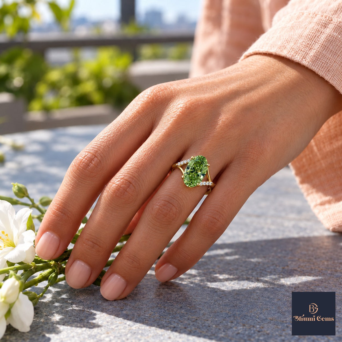 Green Oval Cut Lab Grown Diamond Engagement Ring - Split Pave Shoulders in yellow gold, worn on the hand