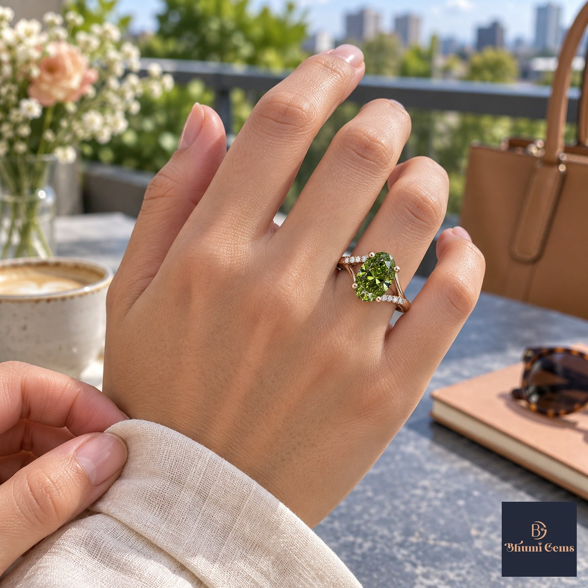 Green Oval Cut Lab Grown Diamond Engagement Ring - Split Pave Shoulders in rose gold, worn on the hand