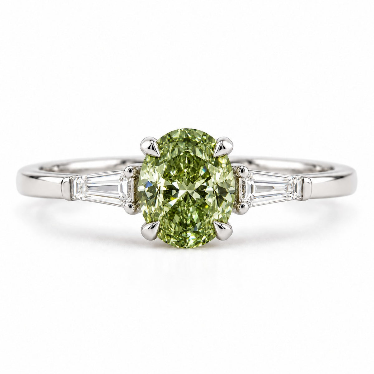 Green Oval Cut Lab Grown Diamond Engagement Ring - Tapered Baguettes in white gold, front view