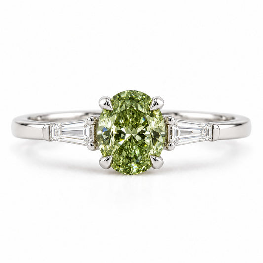 Green Oval Cut Lab Grown Diamond Engagement Ring - Tapered Baguettes in white gold, front view
