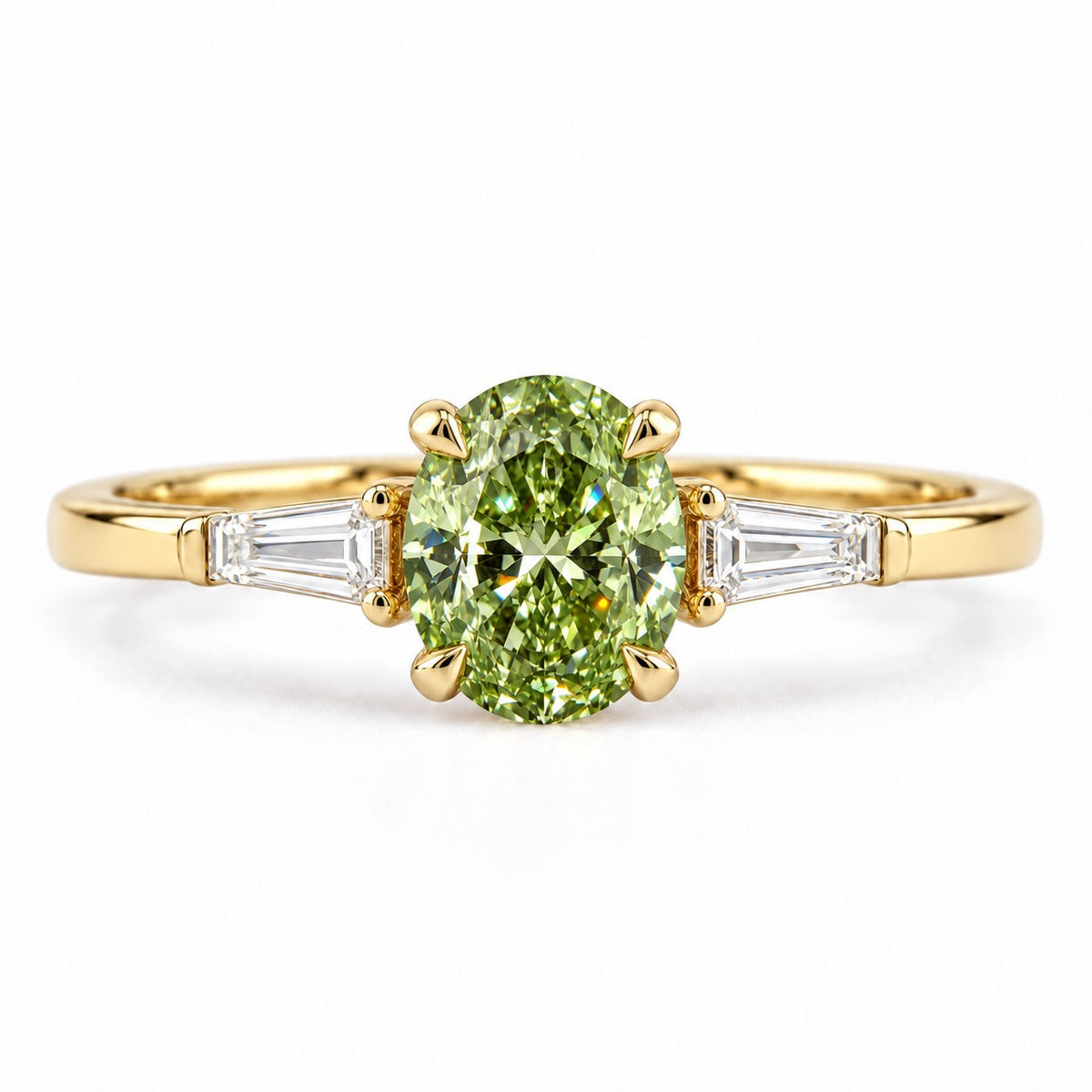 Green Oval Cut Lab Grown Diamond Engagement Ring - Tapered Baguettes in yellow gold, front view