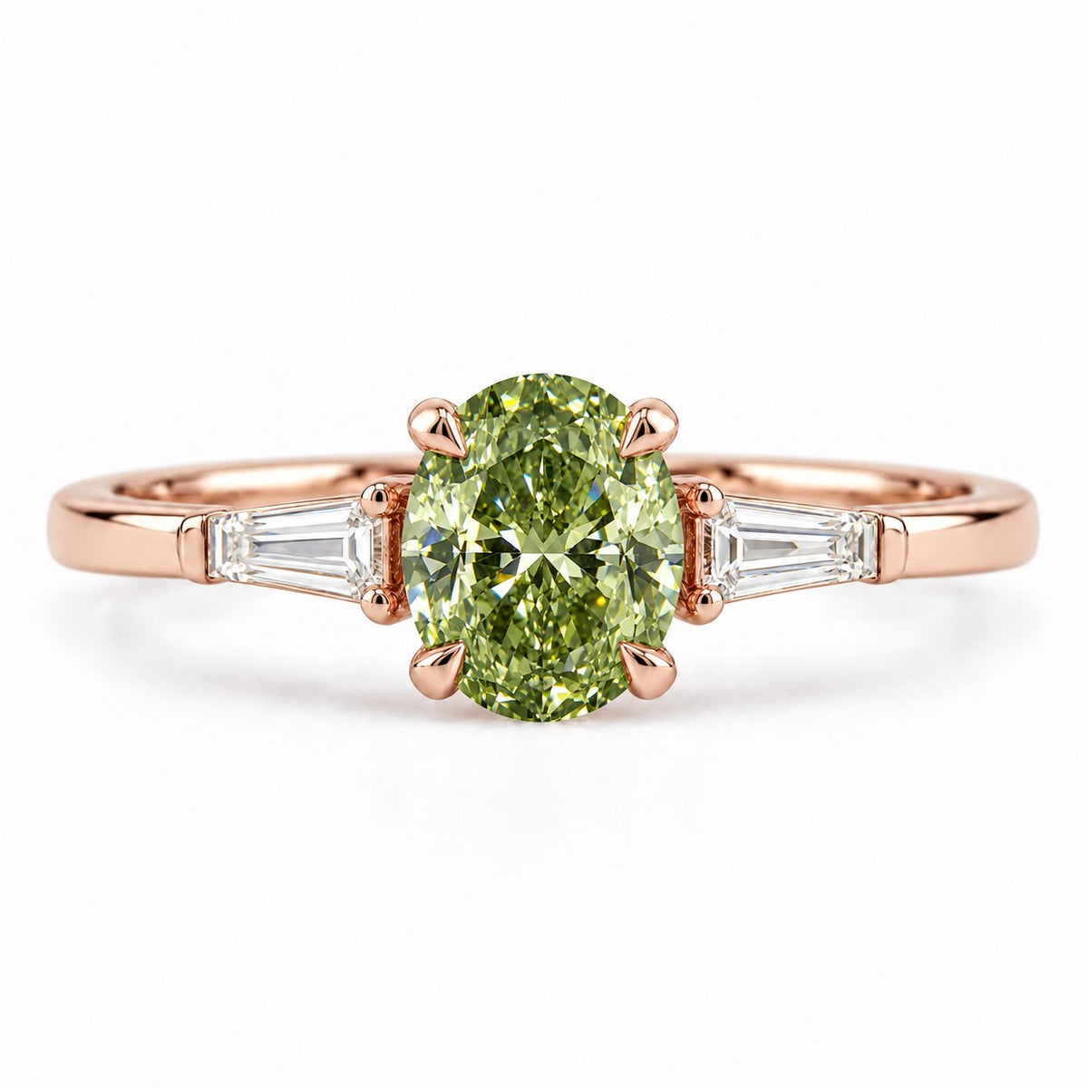 Green Oval Cut Lab Grown Diamond Engagement Ring - Tapered Baguettes in rose gold, front view