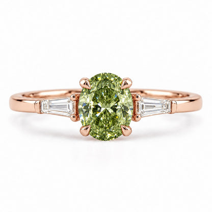 Green Oval Cut Lab Grown Diamond Engagement Ring - Tapered Baguettes in rose gold, front view