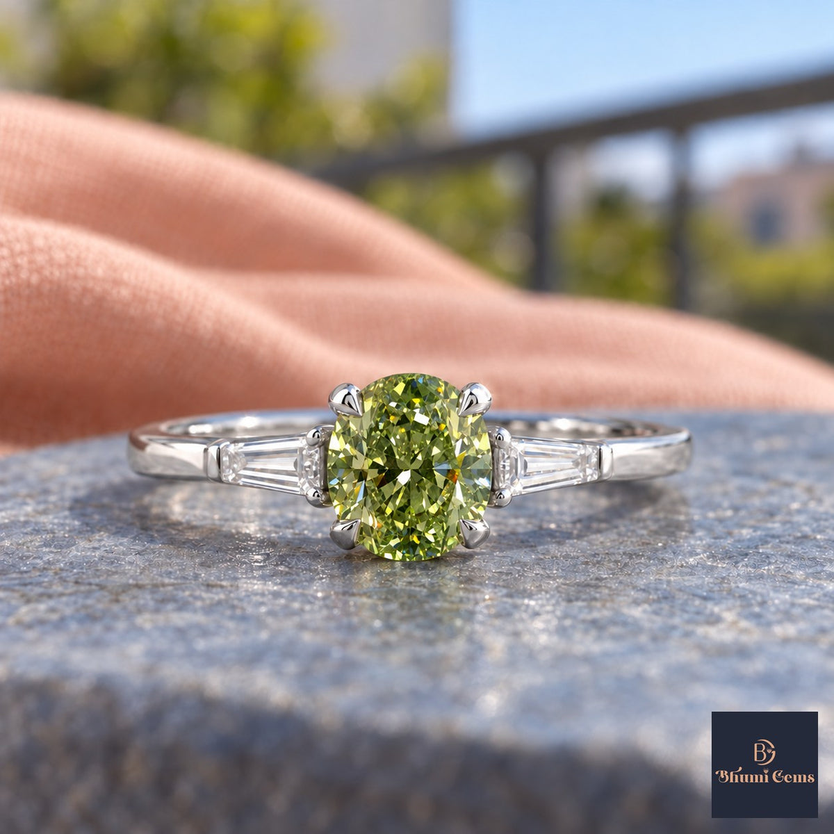 Green Oval Cut Lab Grown Diamond Engagement Ring - Tapered Baguettes in white gold, close-up