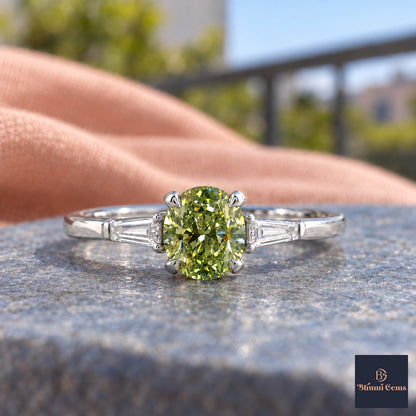 Green Oval Cut Lab Grown Diamond Engagement Ring - Tapered Baguettes in white gold, close-up