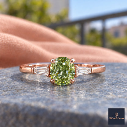 Green Oval Cut Lab Grown Diamond Engagement Ring - Tapered Baguettes in rose gold, close-up