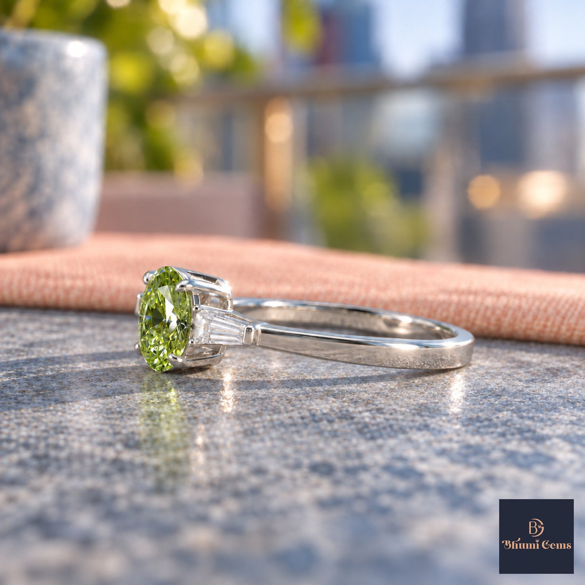 Green Oval Cut Lab Grown Diamond Engagement Ring - Tapered Baguettes in white gold, side view