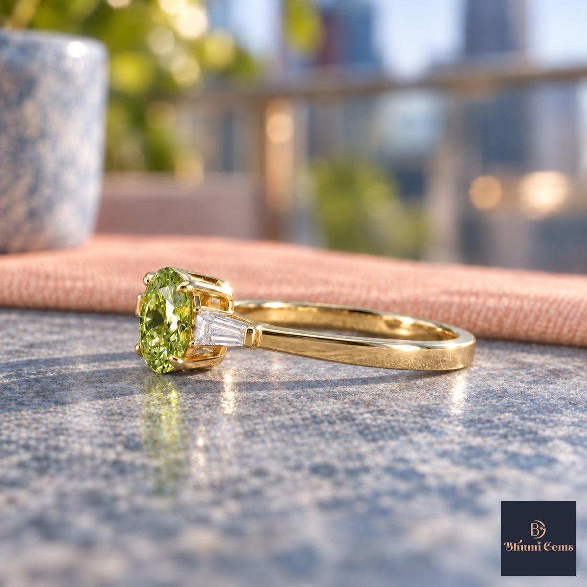 Green Oval Cut Lab Grown Diamond Engagement Ring - Tapered Baguettes in yellow gold, side view