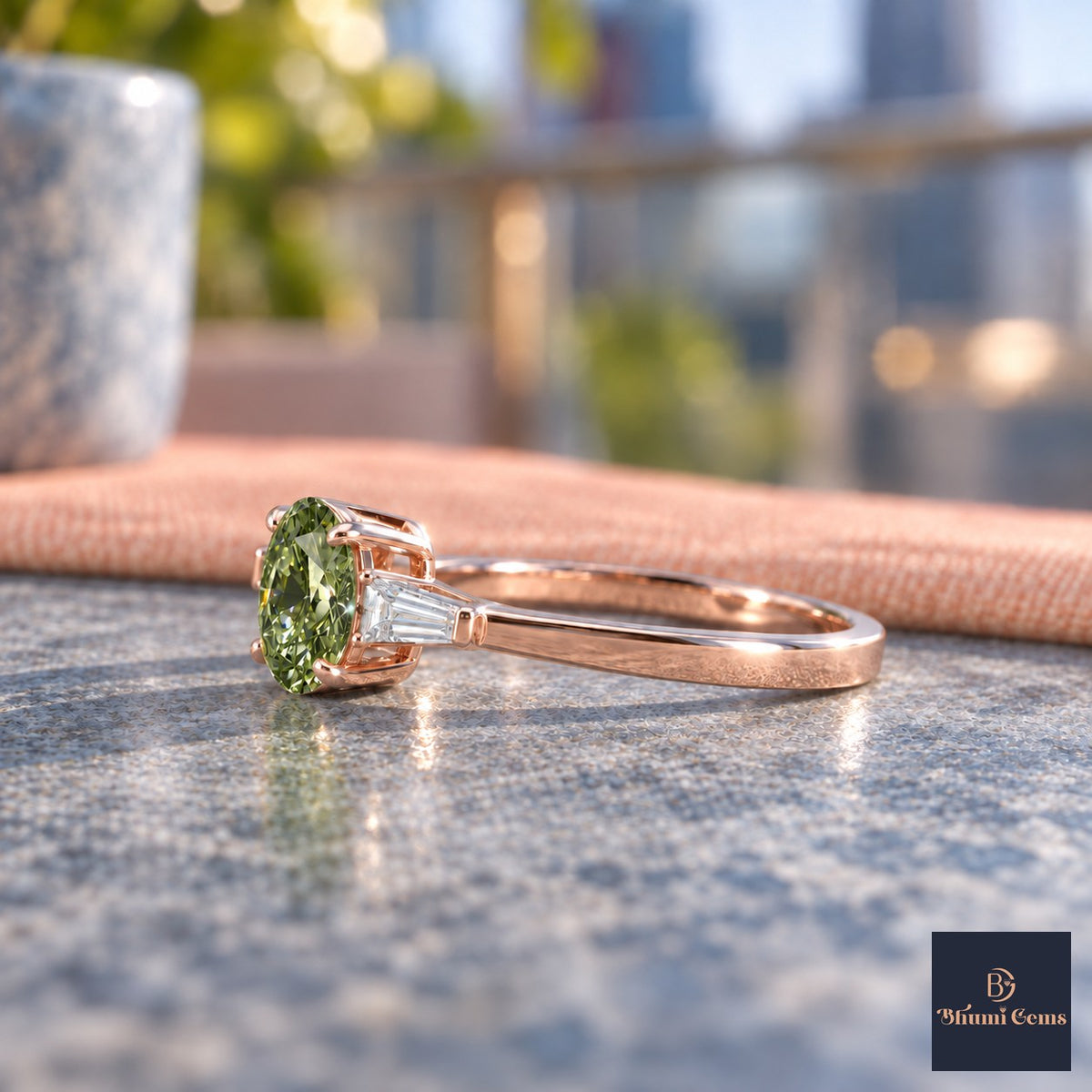 Green Oval Cut Lab Grown Diamond Engagement Ring - Tapered Baguettes in rose gold, side view