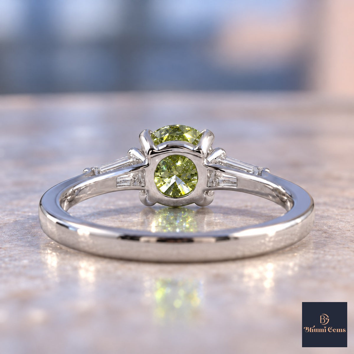 Green Oval Cut Lab Grown Diamond Engagement Ring - Tapered Baguettes in white gold, gallery view