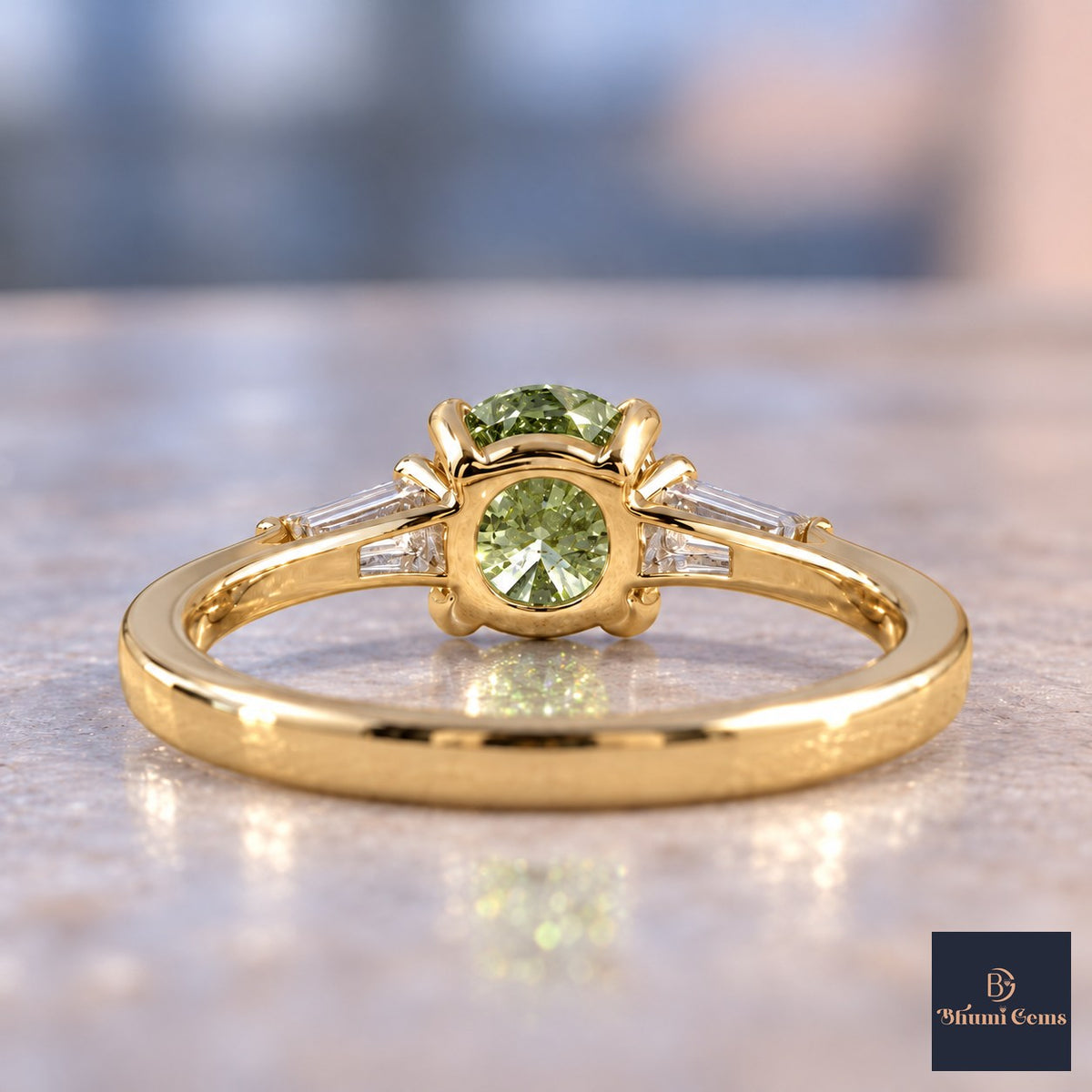 Green Oval Cut Lab Grown Diamond Engagement Ring - Tapered Baguettes in yellow gold, gallery view