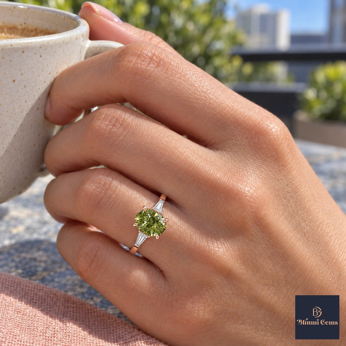 Green Oval Cut Lab Grown Diamond Engagement Ring - Tapered Baguettes in rose gold, on the hand