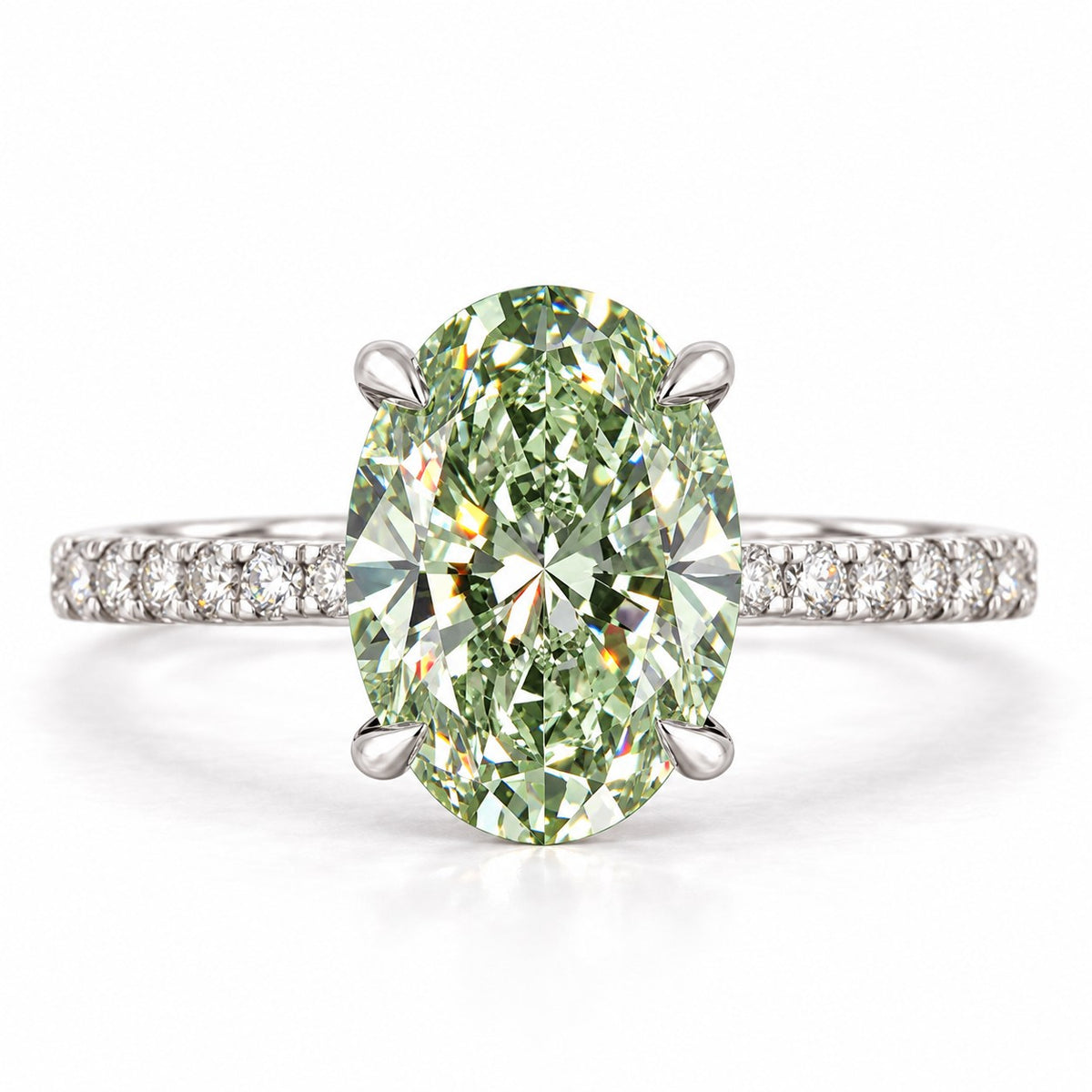 Green Oval Cut Lab Grown Diamond Engagement Ring - Thin Pave Band in white gold, front view